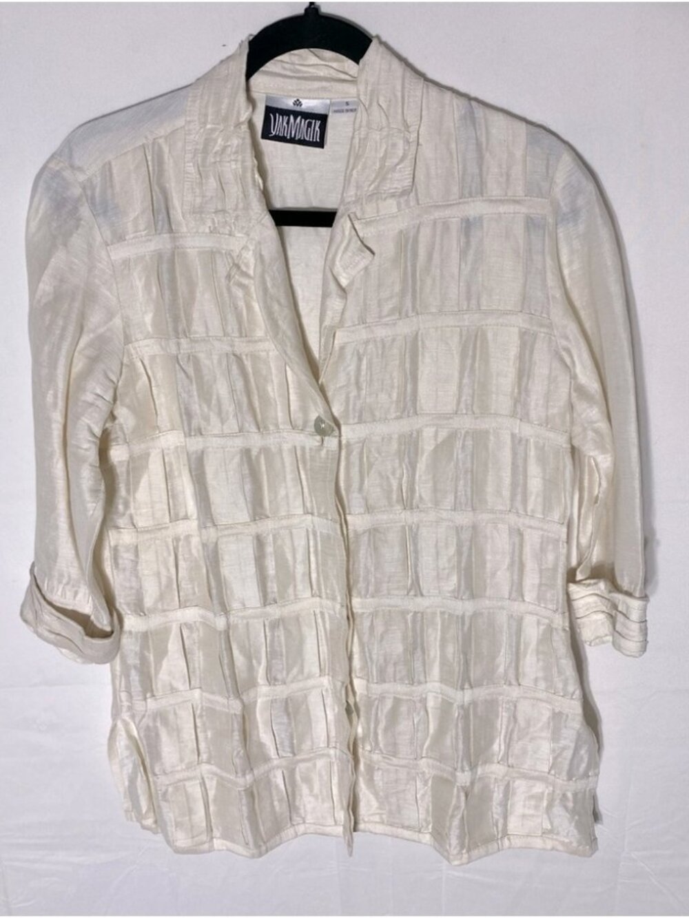 Yak Magic Cream Silk Linen Textured Button Front Half Sleeve Blazer Shirt S